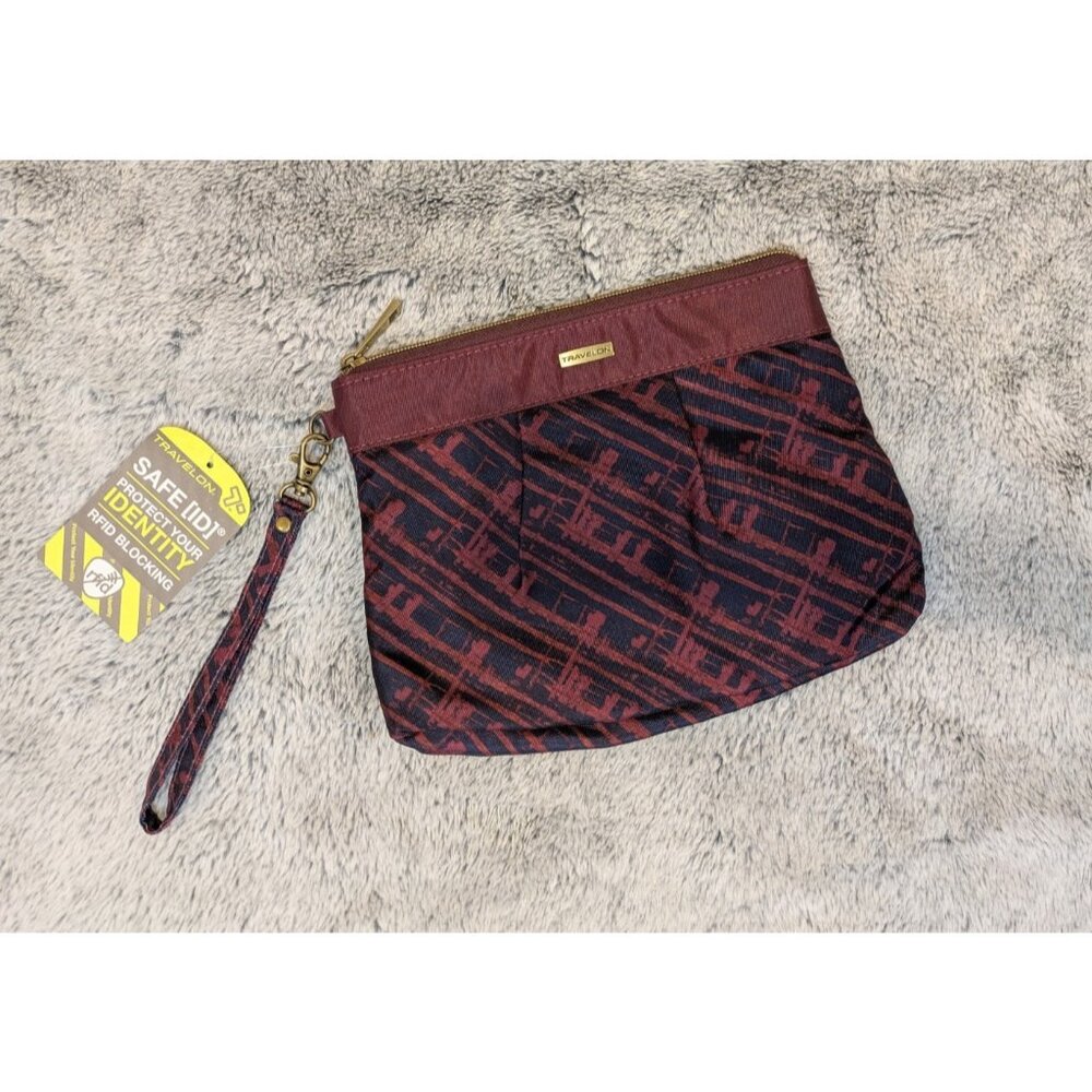 Travelon Zip‎ Top Pouch RFID Anti Theft Wristlet Nylon Maroon Blue 10"x7"
